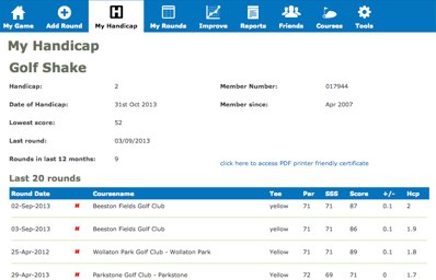 Golf Handicap on Golfshake