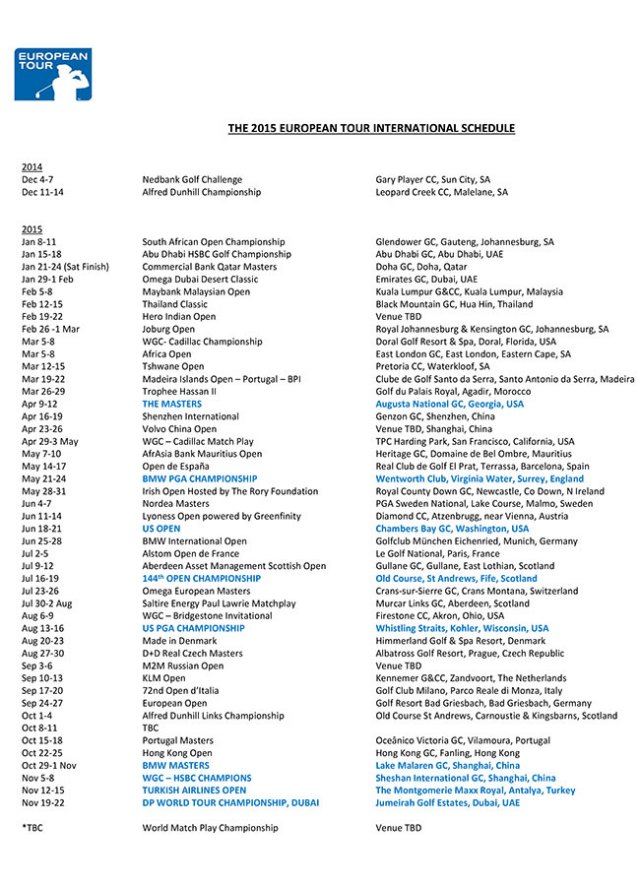 European Tour Schedule 2015
